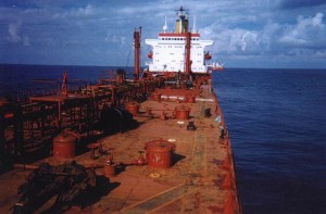 The Castor, with a 20-metre crack in her main deck, on her odyssey in search of sheltered water.