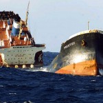 The Prestige sinking in the Atlantic after being refused access to sheltered waters off Spain in 2002